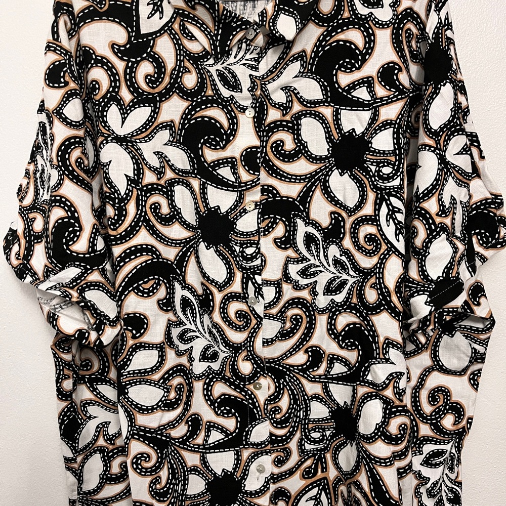 Susan Graver PURE Printed Linen Blend Elbow Sleeve Camp Shirt